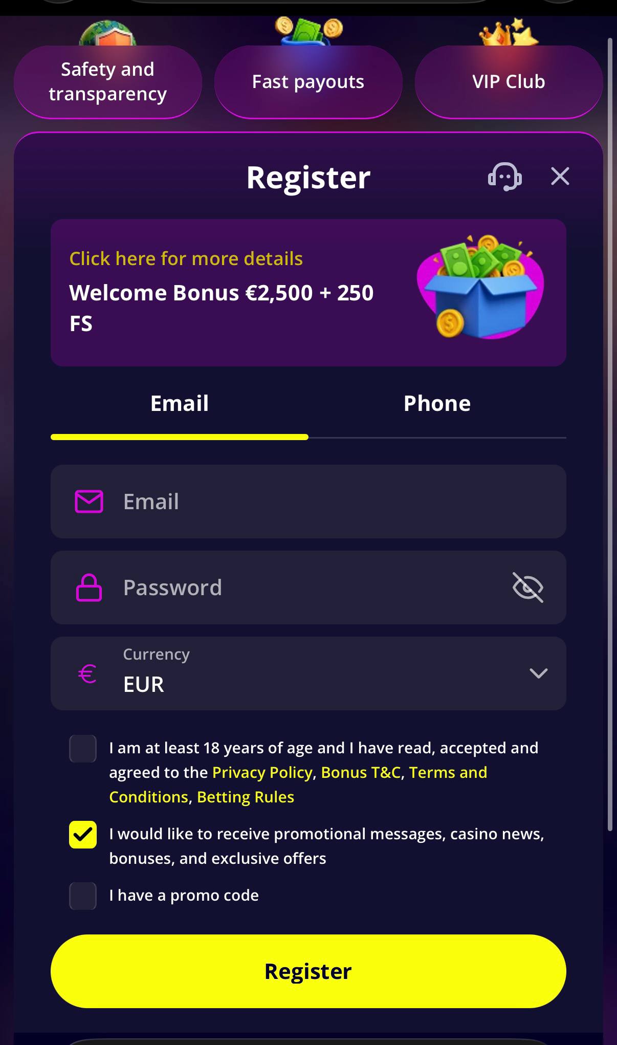 Прозорец Register в Slotoro с раздели Email и Phone, полета Email, Password и Currency, отметки за условия, промо съобщения и промокод.